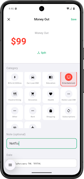 Pocket Clear quick expense entry screen