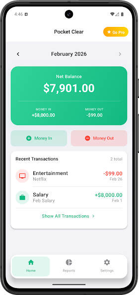 Pocket Clear home dashboard